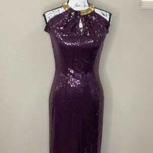 570 - Scala EUC Purple Sequin Halter Cocktail Dress, Size 4